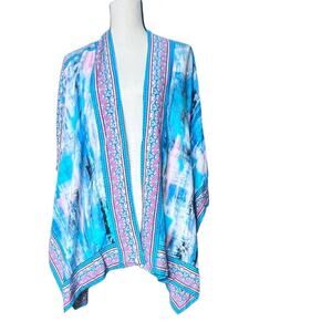 Tolani Blue Pink Printed Kimono Cover Up Open Front Boho Lightweight Sz L NWT